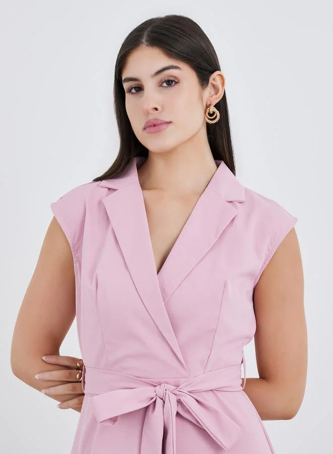 Styli Solid Sleeveless Blazer Maxi Dress with Waist Tie