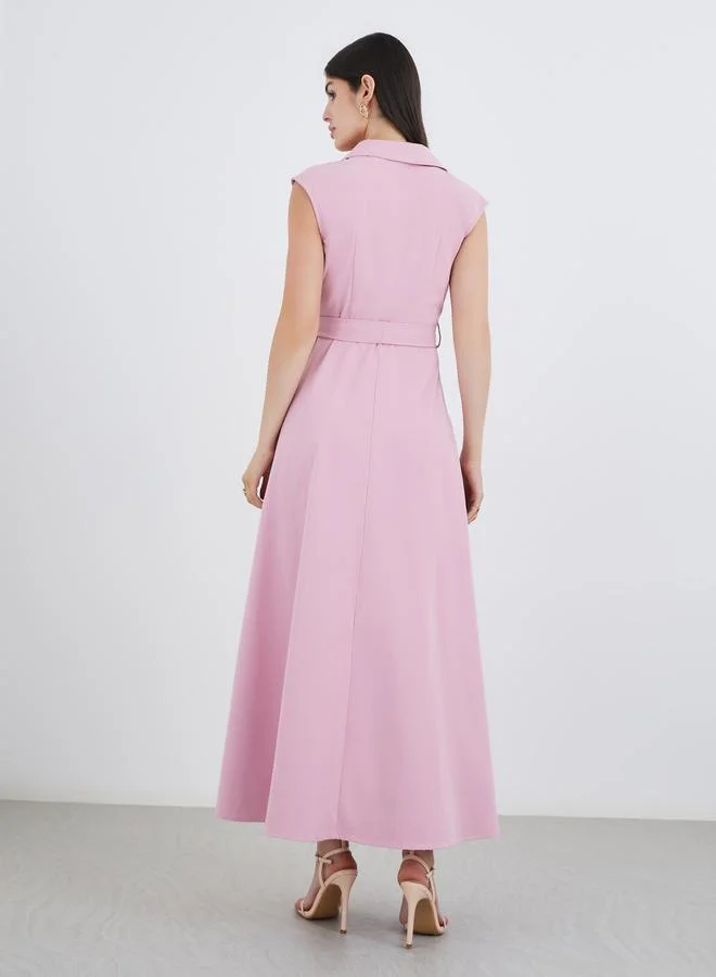 Styli Solid Sleeveless Blazer Maxi Dress with Waist Tie
