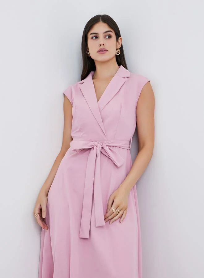 Styli Solid Sleeveless Blazer Maxi Dress with Waist Tie
