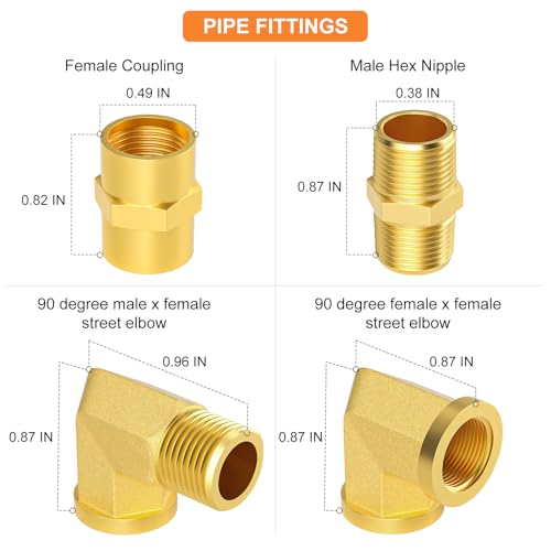 GASHER 24PCS 18 Inch NPT Brass Pipe Fittings Hex Nipple Hex Coupling 90 Degree Barstock Street Elbow Air Hose Fittings - Image 3