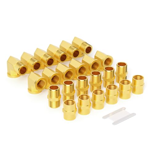 GASHER 24PCS 18 Inch NPT Brass Pipe Fittings Hex Nipple Hex Coupling 90 Degree Barstock Street Elbow Air Hose Fittings - Image 1