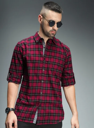 HIGH STAR Red Tartan Checked Cotton Casual Shirt for Men