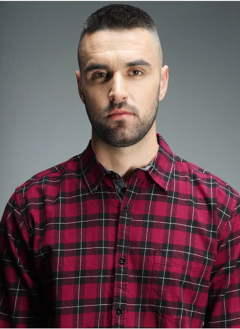 هاي ستار Red Tartan Checked Cotton Casual Shirt for Men