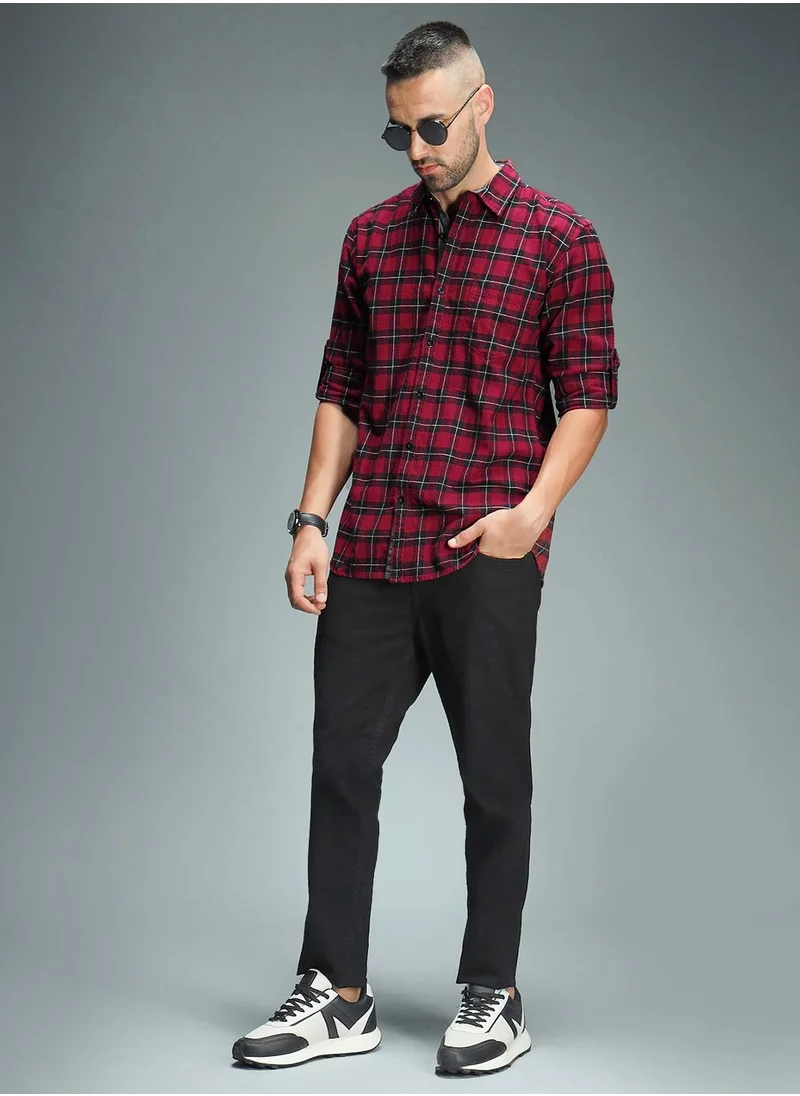 هاي ستار Red Tartan Checked Cotton Casual Shirt for Men