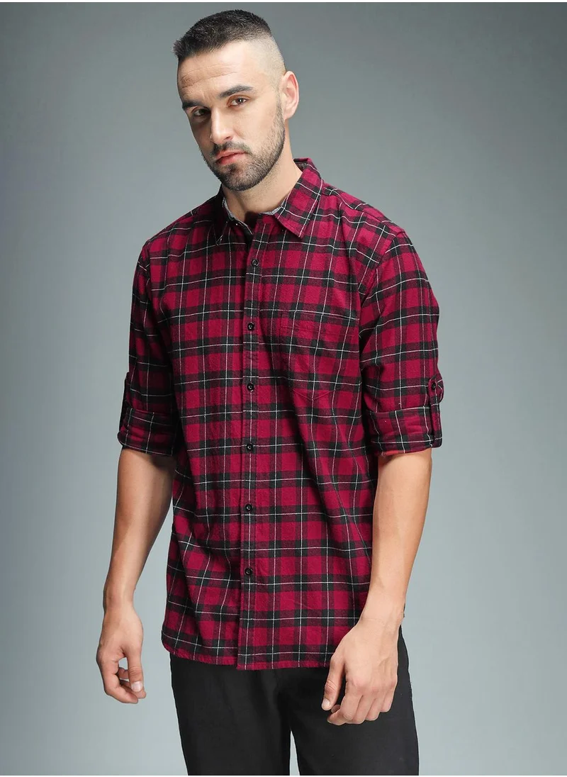 هاي ستار Red Tartan Checked Cotton Casual Shirt for Men