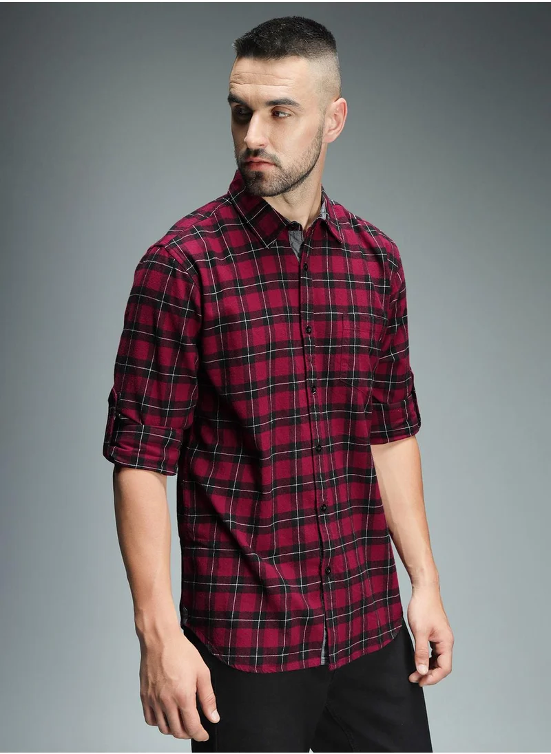 هاي ستار Red Tartan Checked Cotton Casual Shirt for Men