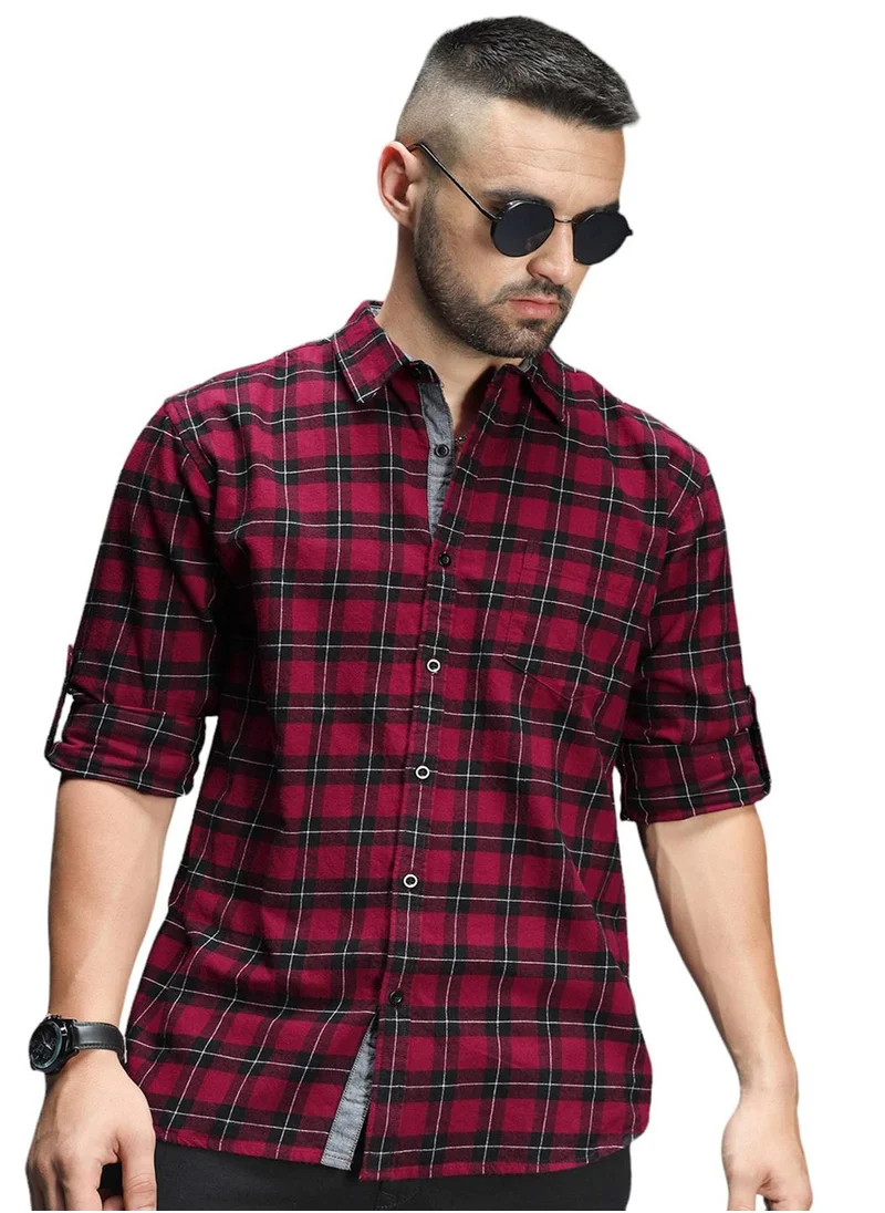 هاي ستار Red Tartan Checked Cotton Casual Shirt for Men