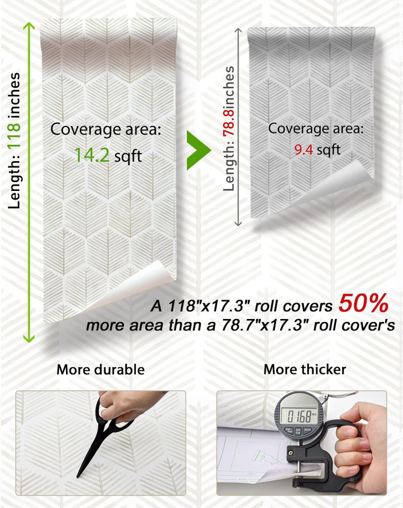 MelunMer 118In L 17.3In W Modern Peel and Stick Wallpaper Boho Contact Paper for Cabinets/Drawers Self Adhesive Removable Wallpaper for Bedroom/Bathroom Waterproof Geometric Contact Paper Beige/White - Image 3