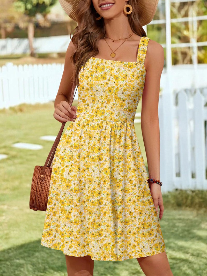 HUHOT Spring Dresses for Women Summer Casual Easter Cute 2026 Vacation Beach Cruise Strap Floral Hide Tummy Aline Maternity Sundresss with Pockets Boho Yellow - Image 3