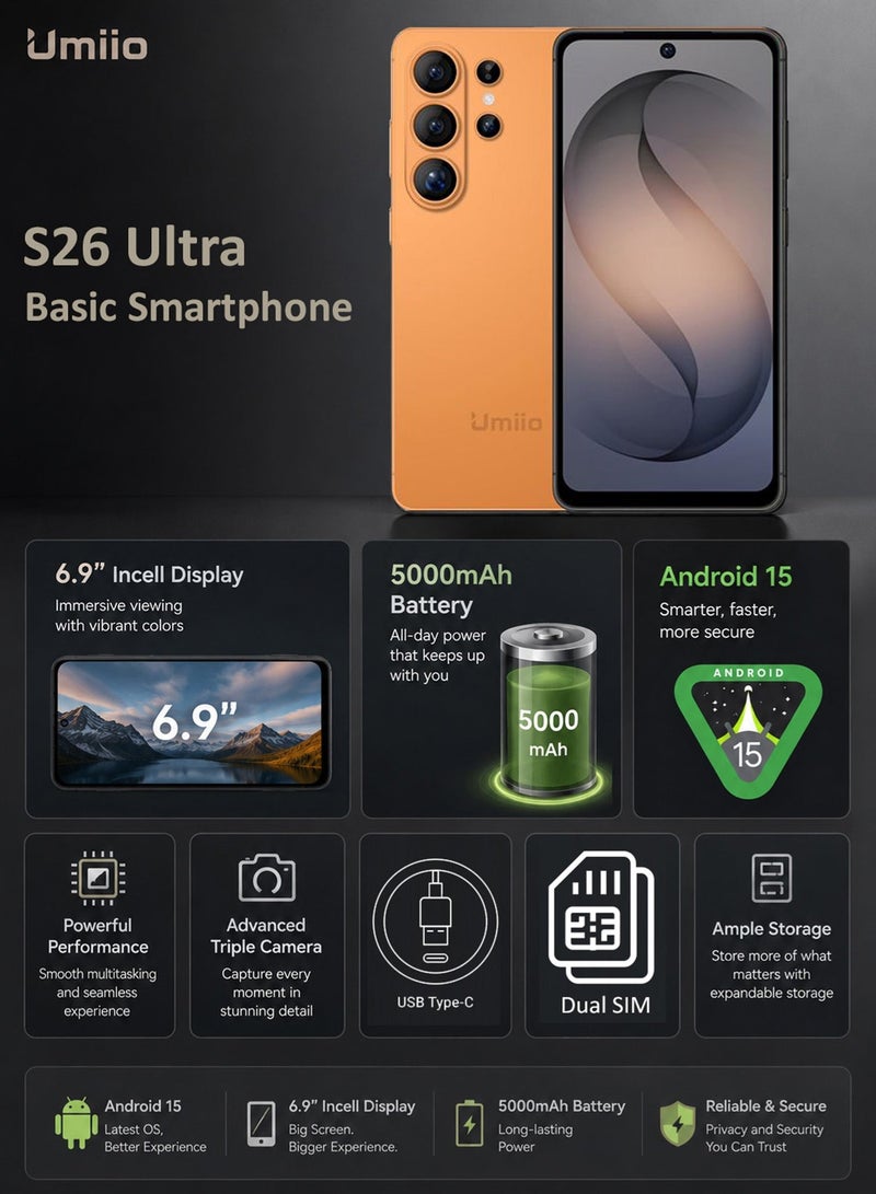 Umiio S26 Ultra Smartphone 6.9" Incell Display Dual SIM Android Cell Phone 18MP Camera 5000mAh Battery Dual Speaker Android Mobile Phone -Orange - Image 4