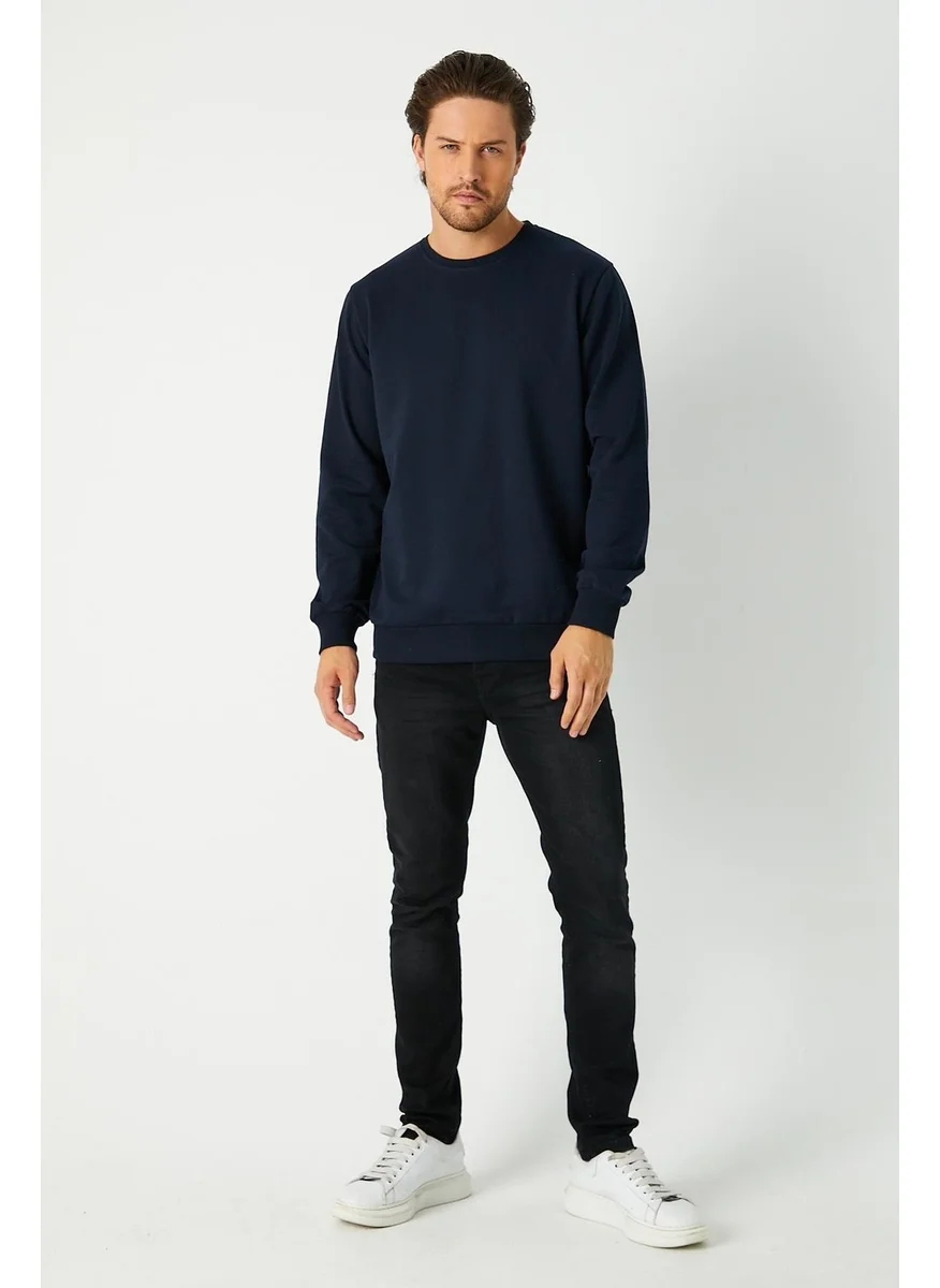 mmetalic Men's Navy Blue Basic Crew Neck Sweatshirt