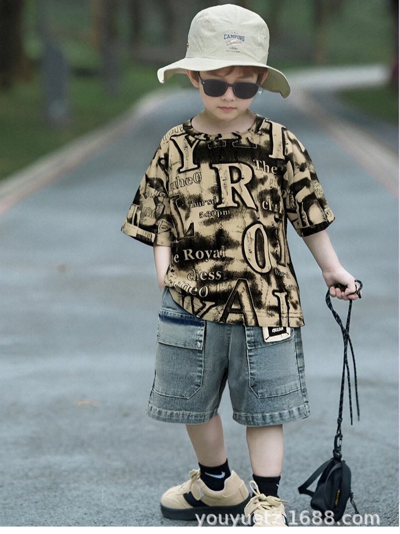 Children'S 2025 Full Print Letter Short-Sleeved T-Shirt Children 1-4 Years Old Summer Short-Sleeved Two-Piece Fashionable Set - Image 2