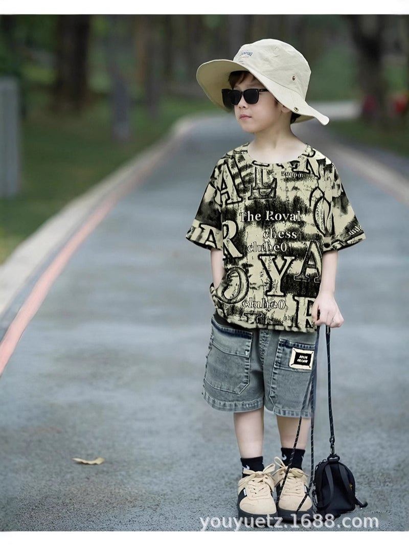 Children'S 2025 Full Print Letter Short-Sleeved T-Shirt Children 1-4 Years Old Summer Short-Sleeved Two-Piece Fashionable Set - Image 3