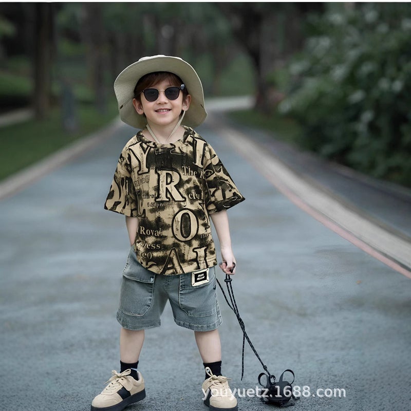 Children'S 2025 Full Print Letter Short-Sleeved T-Shirt Children 1-4 Years Old Summer Short-Sleeved Two-Piece Fashionable Set - Image 1