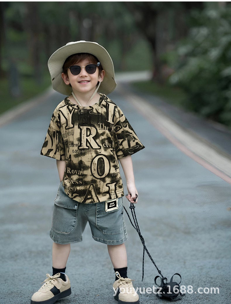 Children'S 2025 Full Print Letter Short-Sleeved T-Shirt Children 1-4 Years Old Summer Short-Sleeved Two-Piece Fashionable Set - Image 4