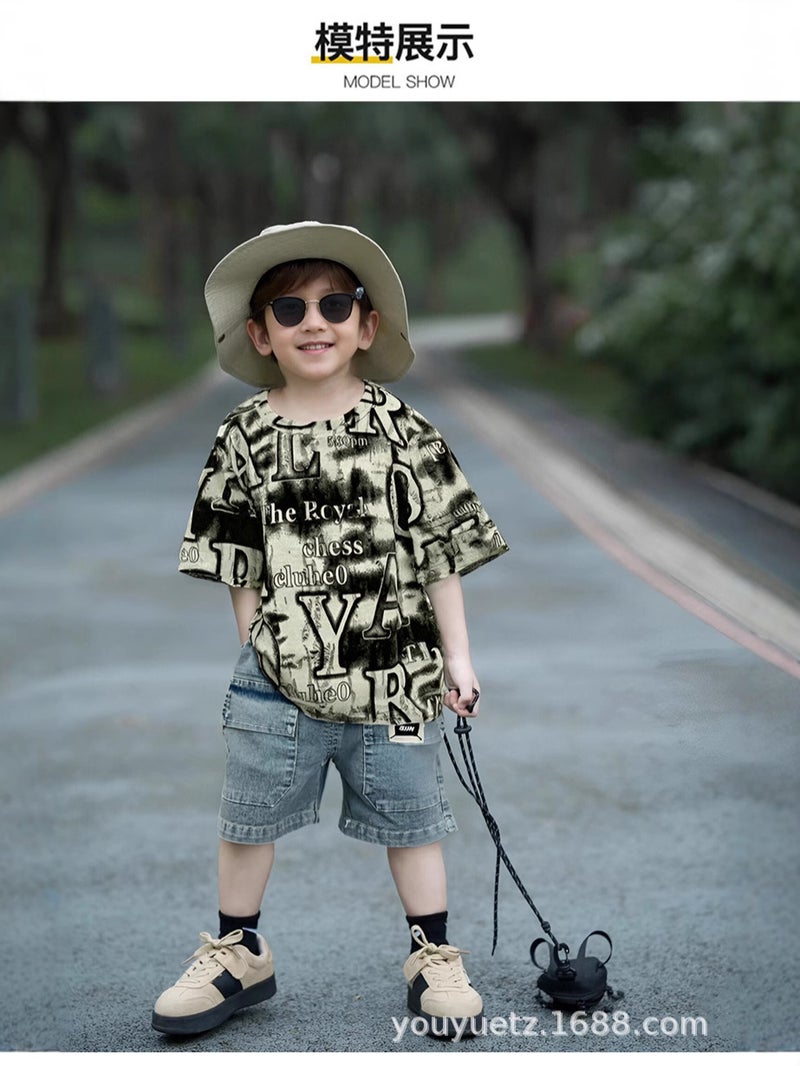 Children'S 2025 Full Print Letter Short-Sleeved T-Shirt Children 1-4 Years Old Summer Short-Sleeved Two-Piece Fashionable Set - Image 5