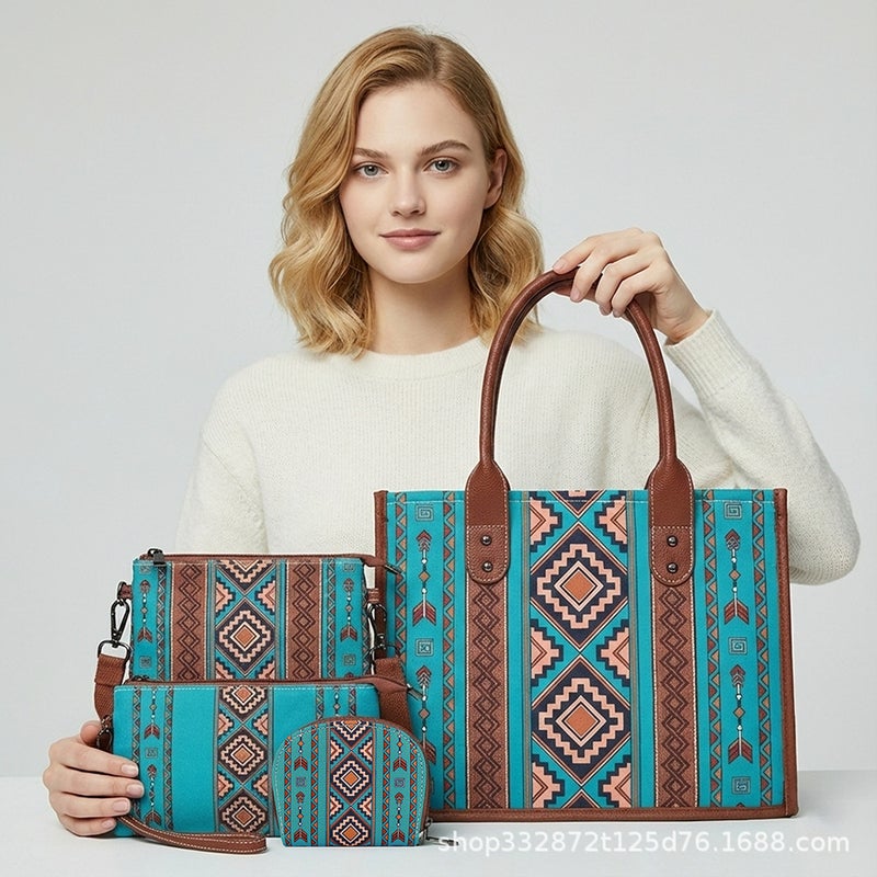 Ready-Made Ethnic Style Canvas Bag, Mother-In-Law Bag, Tote Bag, Four-Piece Set, Bohemian Style Portable Large-Capacity Bag - Image 3