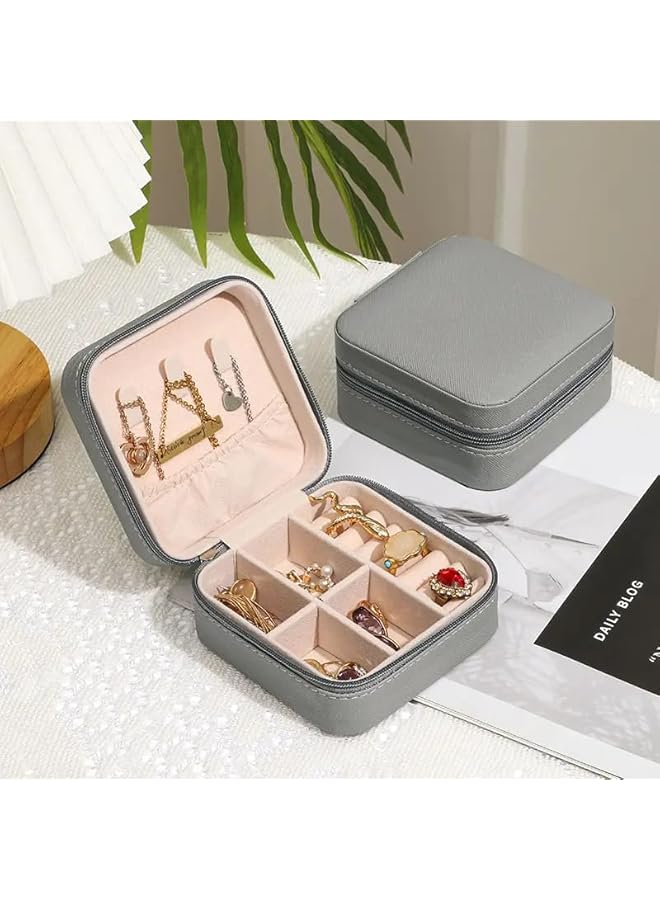 The Bros Gray PU Leather Jewelry Organizer – Compact Travel Jewelry Box, Adjustable Compartments, Velvet Lining | Gift for Eid, Weddings, Dubai Travel - Image 1