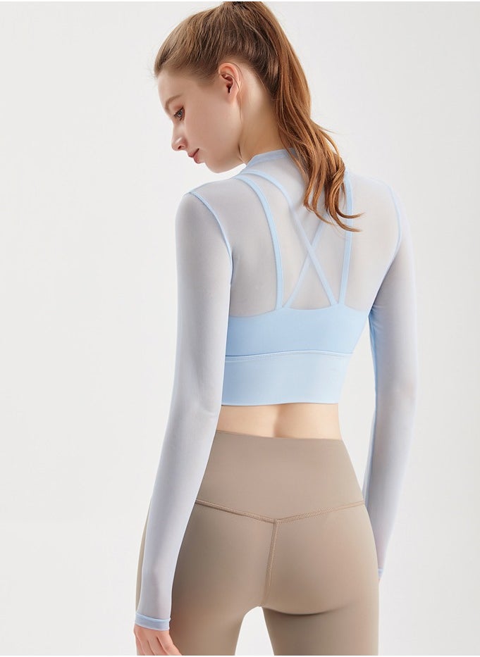 Generic Female Cross Thin Suspender Fashion Mesh Breathable Long Sleeved Fake Two-Piece Yoga Suit  - Image 2