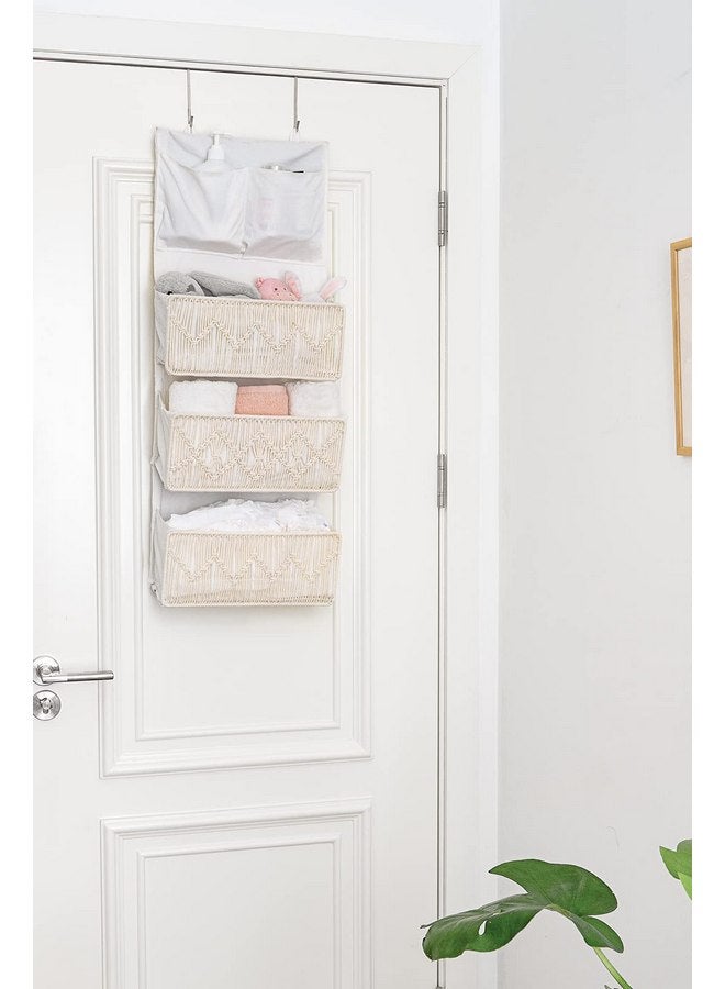 Mkono Macrame Over The Door Organizer, Boho Storage Decor with 3 Woven Pockets, Bedroom Closet Door Hanging Organizer for Baby Nursery Bathroom Pantry Dorm Kids Toys Diapers, Ivory - Image 3