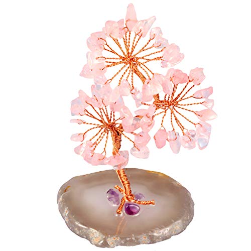 mookaitedecor mookaitedecor Rose Quartz Crystal Tree Agate Slice Base Healing Stones Money Tree Decoration for Wealth and Luck  - Image 1