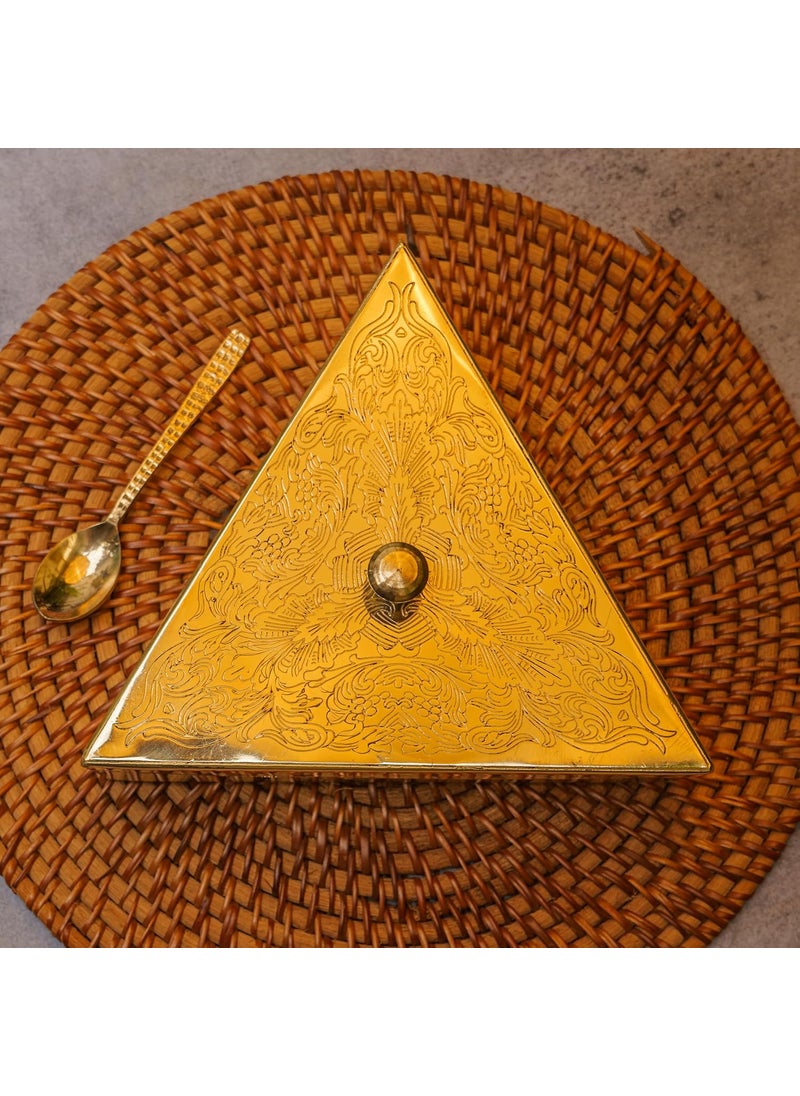 Ambi Home Ambi Pure Brass Triangle Spice Box with Etched Design 3 Compartments Traditional Masala Containers 8 Inches Base  - Image 1