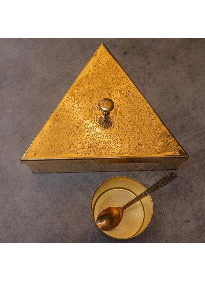 Ambi Home Ambi Pure Brass Triangle Spice Box with Etched Design 3 Compartments Traditional Masala Containers 8 Inches Base  - Image 3