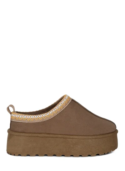 London Rag Taupe Embroidered Platform Fur Classic Slip-On