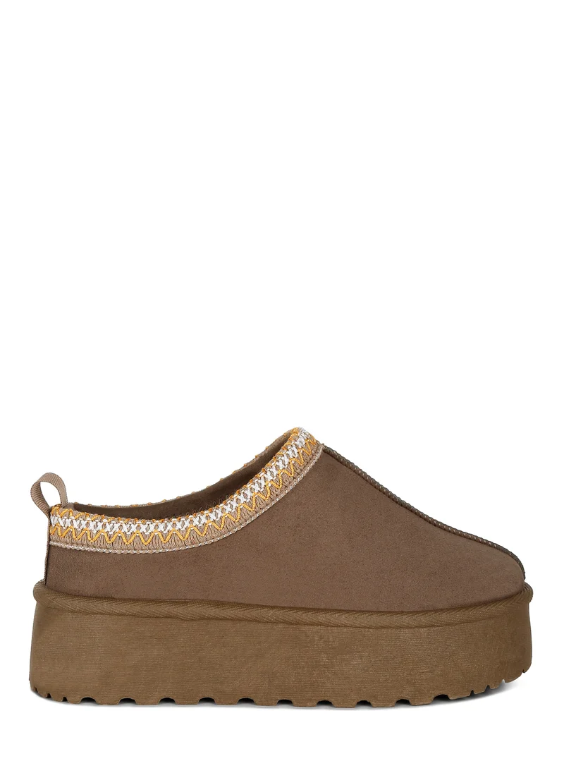 London Rag Taupe Embroidered Platform Fur Classic Slip-On