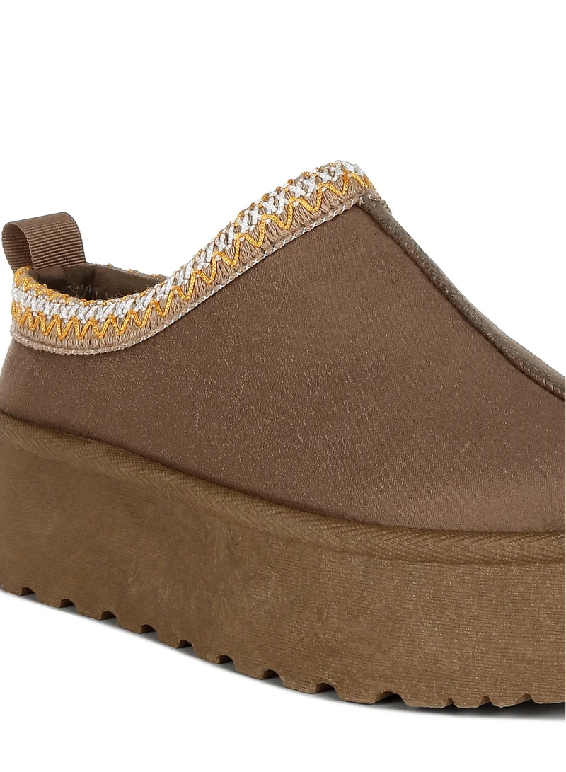 London Rag Taupe Embroidered Platform Fur Classic Slip-On