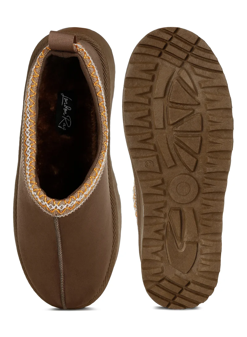 London Rag Taupe Embroidered Platform Fur Classic Slip-On