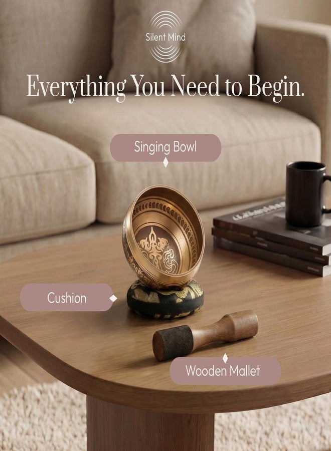 Silent Mind Tibetan Singing Bowl Set - Easy to Play - Creates Beautiful Sound for Holistic Healing, Stress Relief, Meditation & Relaxation - Peace Pattern - Gold Bowl with Black Pillow - Yoga singing bowl - Image 4