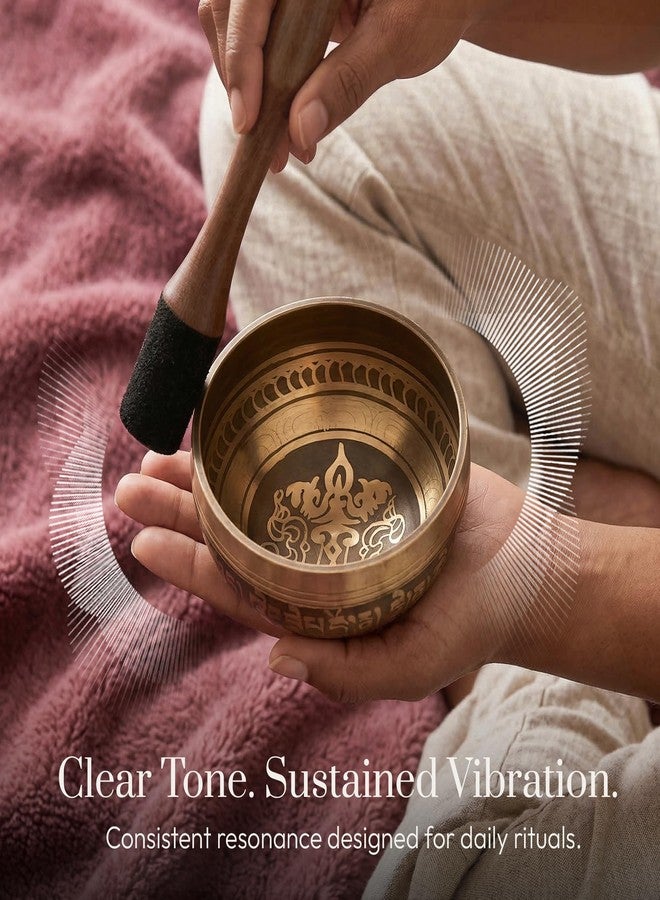 Silent Mind Tibetan Singing Bowl Set - Easy to Play - Creates Beautiful Sound for Holistic Healing, Stress Relief, Meditation & Relaxation - Peace Pattern - Gold Bowl with Black Pillow - Yoga singing bowl - Image 3