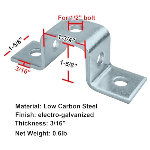 heneng 6 Pcs 5 Hole U Shaped Fitting for 1-5/8" Strut Channel, Cross Connector Bracket U Support, 3/16" Thick - Image 2