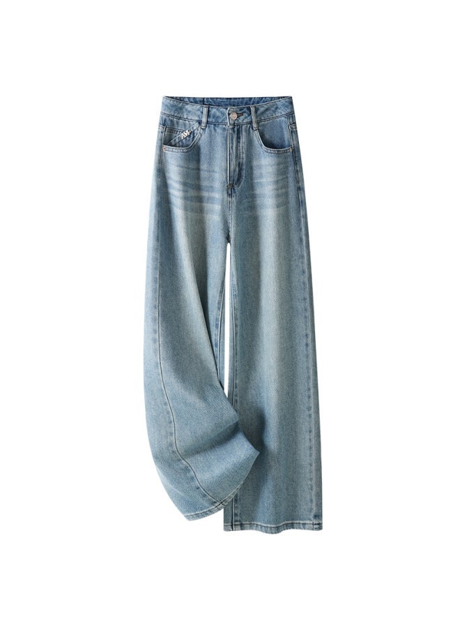 Light Color Wide Leg Jeans Women's Summer High Waist Lazy Relaxation Sagging Slim Mop Pants 