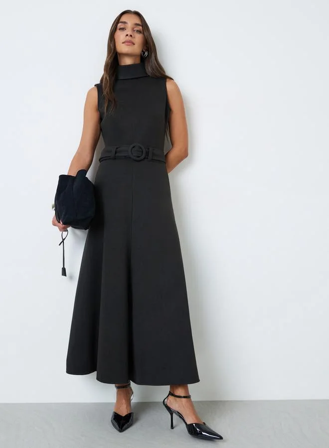 Styli Black Sleeveless Belted A-Line Maxi Dress