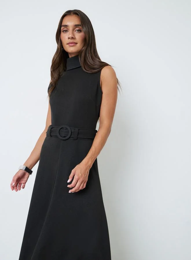 Styli Black Sleeveless Belted A-Line Maxi Dress