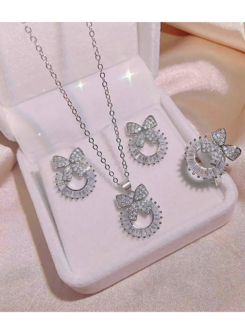 Shein 1set/4pcs Elegant And Sweet Bow Knot Full Rhinestone Earring, Necklace, Ring Set Valentines - Image 1