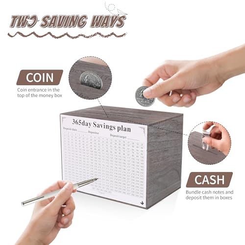 Figfey Piggy Bank for Kids and Adults, Wooden Money Saving Box for Cash, Unbreakable Piggy Bank for $10000 $5000 $3000 $1000 $800 $500 Target Money Saving Challenge.(Gray) - Image 4