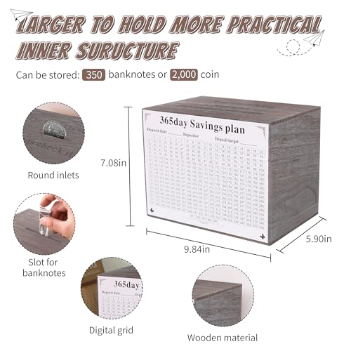 Figfey Piggy Bank for Kids and Adults, Wooden Money Saving Box for Cash, Unbreakable Piggy Bank for $10000 $5000 $3000 $1000 $800 $500 Target Money Saving Challenge.(Gray) - Image 3