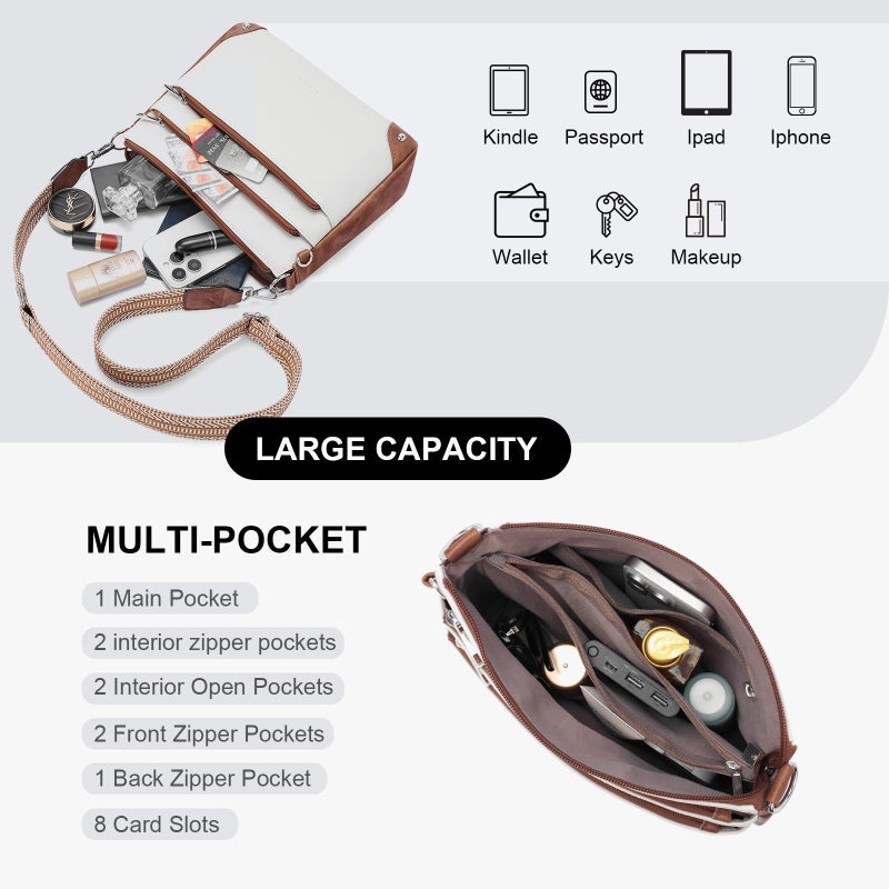 Lexiyat Crossbody Bags for Women Rfid Travel Crossbody Purses Leather Roomy Handbags Medium Shoulder bag with Adjustable Strap Beige - Image 3