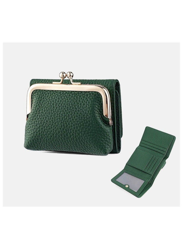 SKT Shiketro Genuine Leather Women's Wallet Japanese Style Three-Fold Coin Purse Top Layer Cowhide High-Grade Coin Purse  [ Dark green] - Image 2