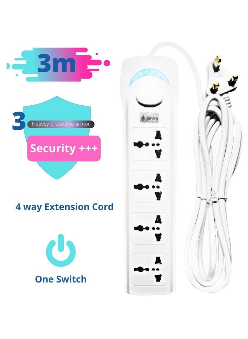 Sintro 4-way power Extension Cord 4 Universal Outlets with 3m long wire, 4 UK Plugs Electrical Power Strips, Extension Socket for Home & Offices heavy duty usage - Image 2