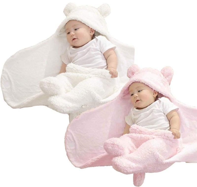 Brandonn BRANDONN Fleece Single Hooded Wrapper Blanket, White, Pink, 2 Pcs, lightweight - Image 1