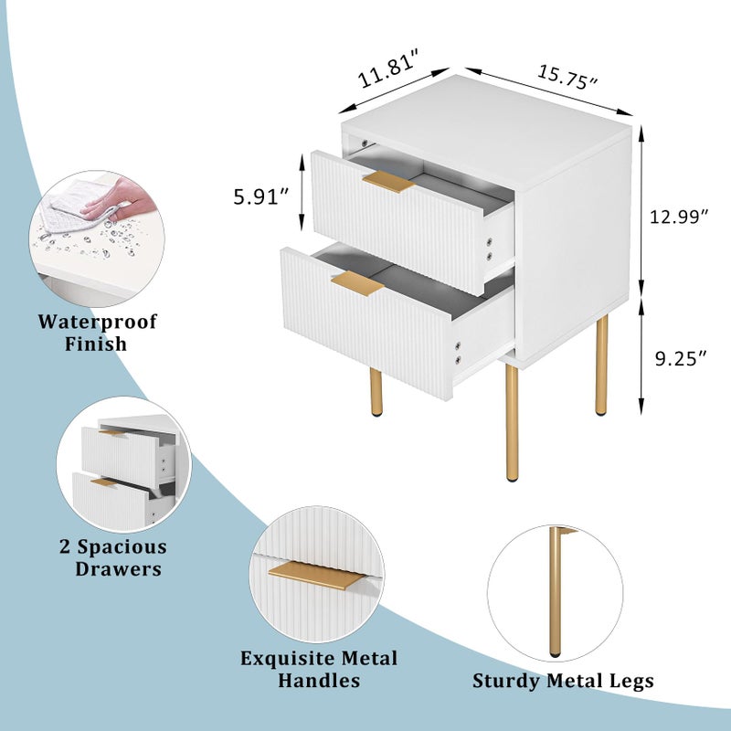 Masupu Nightstand,Mid-Century Modern Bedside Table with 2 Storage Drawer,Small Gold Frame Side End Table for Bedroom,Living Room, White - Image 5