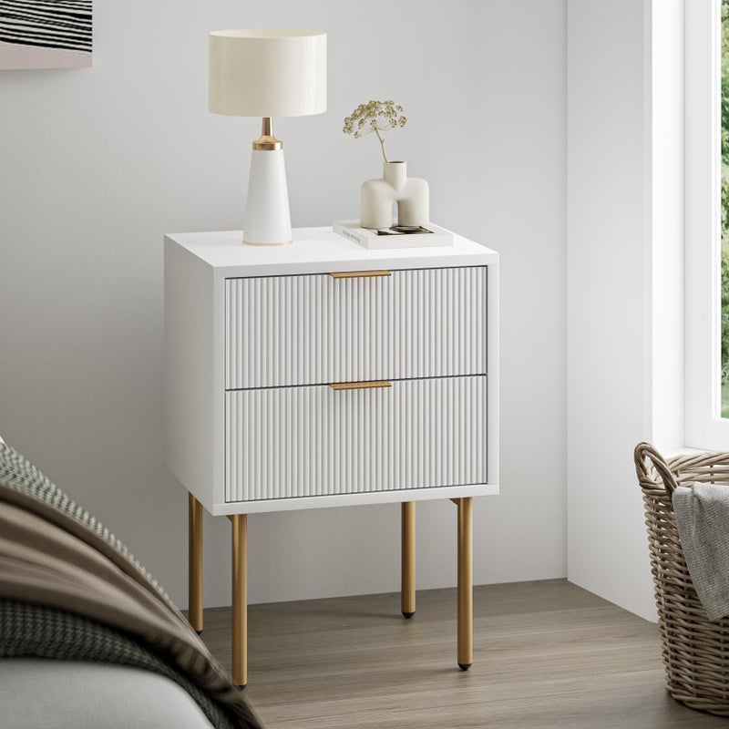 Masupu Nightstand,Mid-Century Modern Bedside Table with 2 Storage Drawer,Small Gold Frame Side End Table for Bedroom,Living Room, White - Image 2