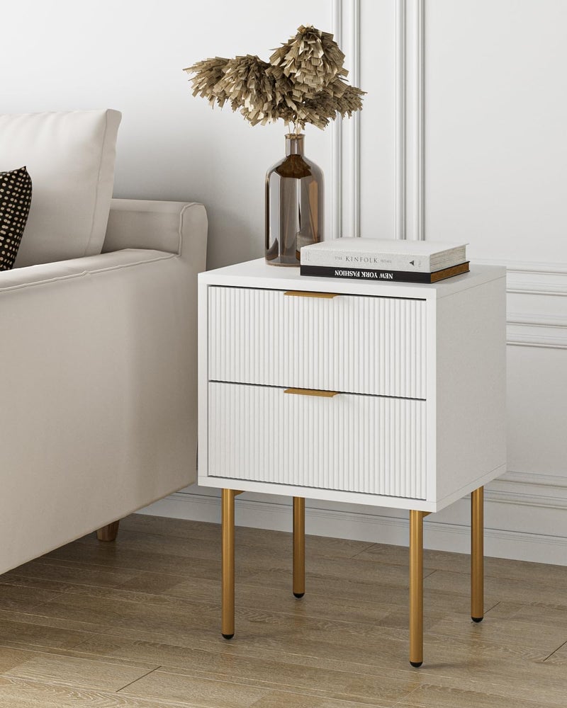 Masupu Nightstand,Mid-Century Modern Bedside Table with 2 Storage Drawer,Small Gold Frame Side End Table for Bedroom,Living Room, White - Image 3