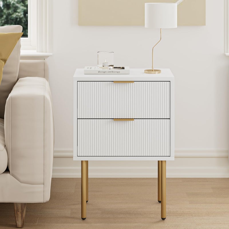 Masupu Nightstand,Mid-Century Modern Bedside Table with 2 Storage Drawer,Small Gold Frame Side End Table for Bedroom,Living Room, White - Image 1