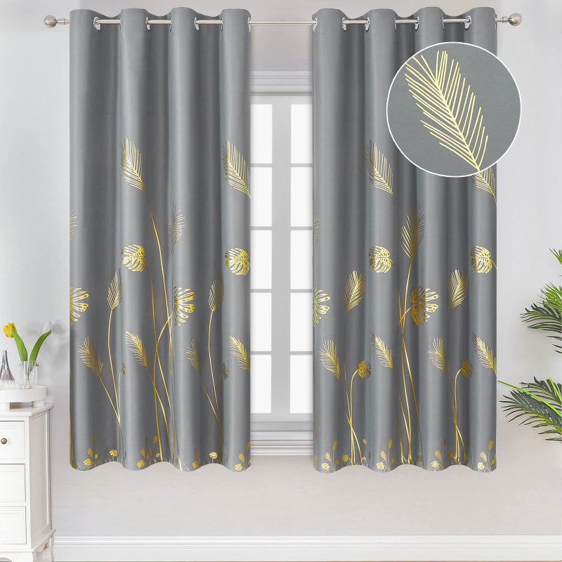 Estelar Textiler Gold Palm Leaf and Wheat Unique Design Pattern Blackout Curtains Energy Saving Curtains Thermal Insulated Window Curtains for Bedroom Grey 52Wx63L 2 Panels