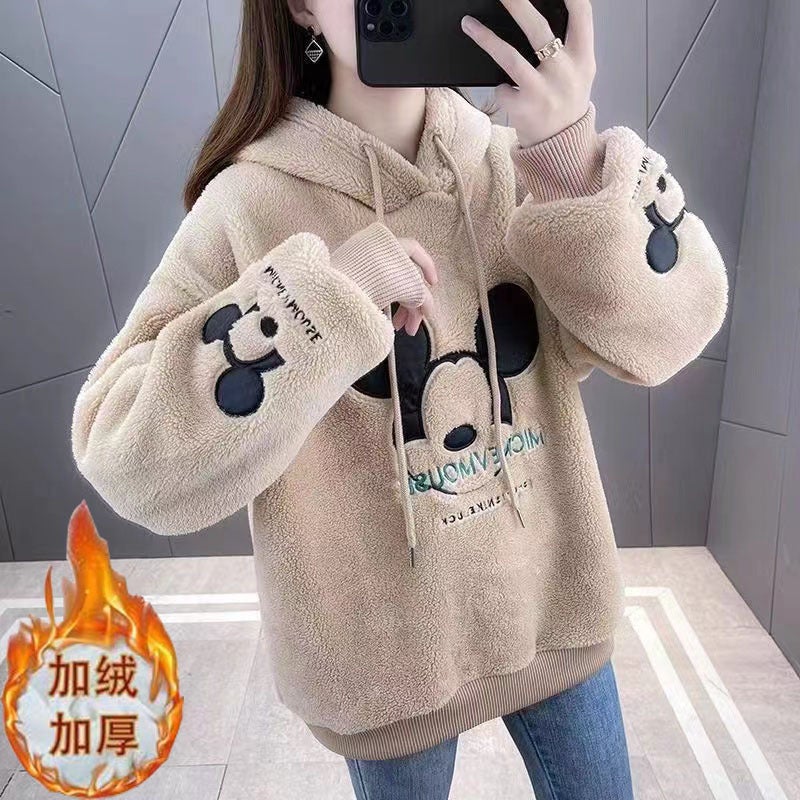 Cross-Border European And American Merino Wool Sweatshirt Loose Fit Jacket Fleece Lined And Thickened Hooded Long Sleeve Sweatsh Khaki